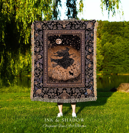 Golden Witch Autumn Throw Blanket | Moonlit Gothic Halloween Magic Decor Folklore Style Whimsigoth Night Sky Enchanted Woven Wall Tapestry