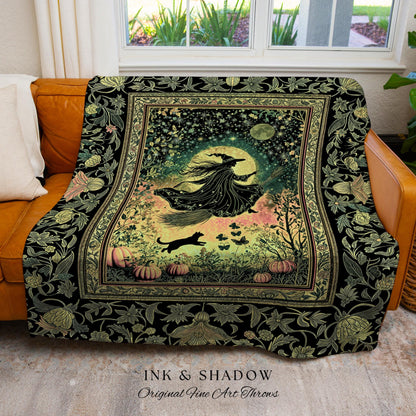 Emerald Sky Flying Witch Throw Blanket | Fall Pumpkin Field Woven Wall Tapestry Whimsigoth Aesthetic Celestial Folk Art Autumn Decor Magic