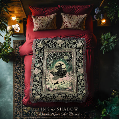 Emerald Sky Flying Witch Throw Blanket | Fall Pumpkin Field Woven Wall Tapestry Whimsigoth Aesthetic Celestial Folk Art Autumn Decor Magic