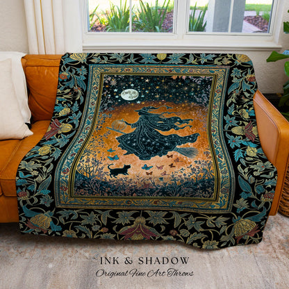 Autumn Aesthetic Witchy Tapestry Blanket | Fall Gothic Dark Cottagecore Decor Moonlight Magic Black Cat Whimsigoth Maximalist Halloween |