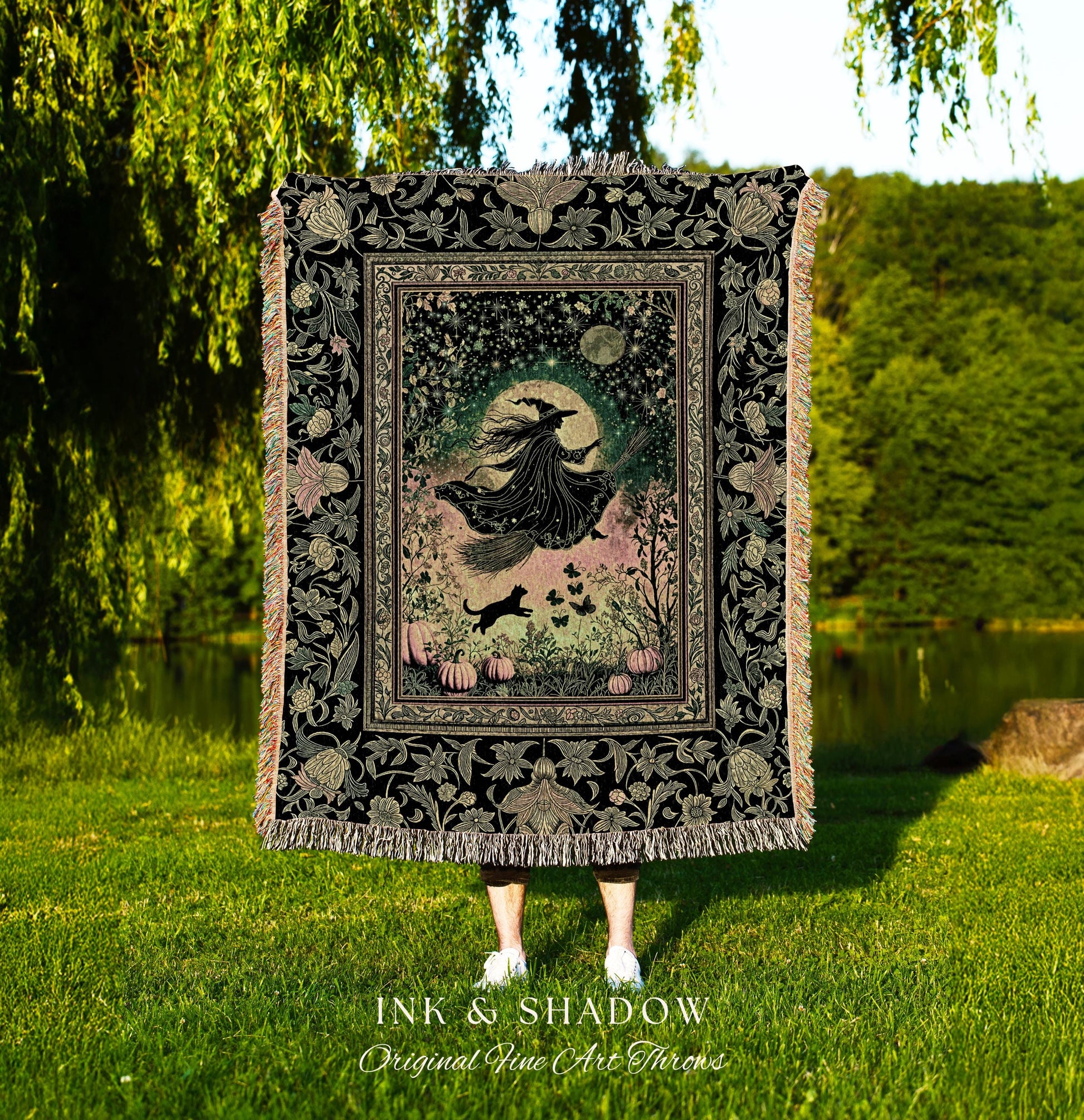 Emerald Sky Flying Witch Throw Blanket | Fall Pumpkin Field Woven Wall Tapestry Whimsigoth Aesthetic Celestial Folk Art Autumn Decor Magic