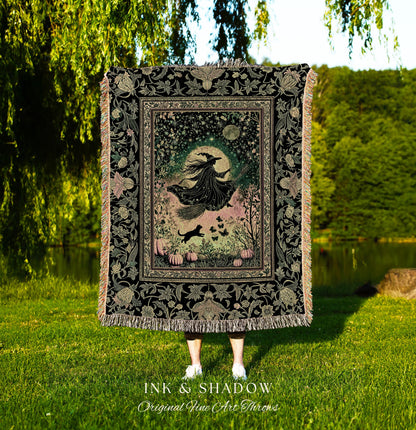 Emerald Sky Flying Witch Throw Blanket | Fall Pumpkin Field Woven Wall Tapestry Whimsigoth Aesthetic Celestial Folk Art Autumn Decor Magic