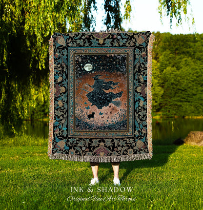 Autumn Aesthetic Witchy Tapestry Blanket | Fall Gothic Dark Cottagecore Decor Moonlight Magic Black Cat Whimsigoth Maximalist Halloween |