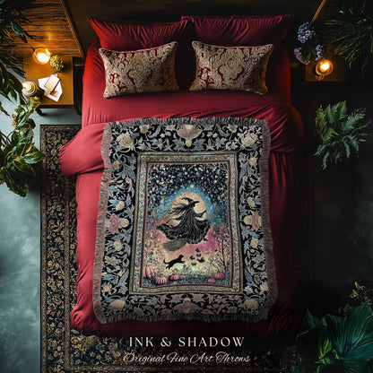 Starlit Storybook Witch Tapestry Blanket | Flying Broomstick Gothic Ethereal Aesthetic Broomstick Magic Celestial Whimsical Decor Enchanted