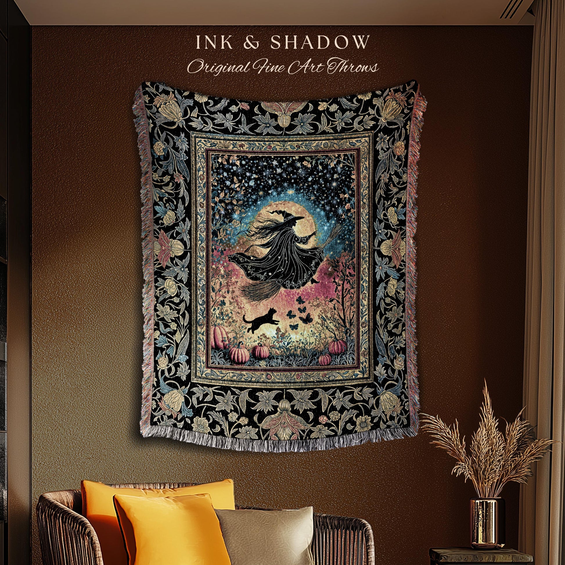 Starlit Storybook Witch Tapestry Blanket | Flying Broomstick Gothic Ethereal Aesthetic Broomstick Magic Celestial Whimsical Decor Enchanted