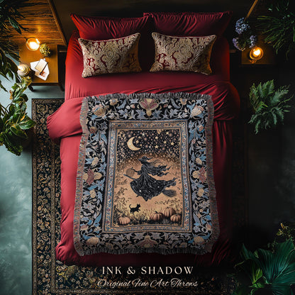 Autumn Golden Gothic Sky Tapestry | Celestial Black Cat Woven Throw Blanket Whimsigoth Decor Mystic Aesthetic Pumpkin Enchanted Magic Style