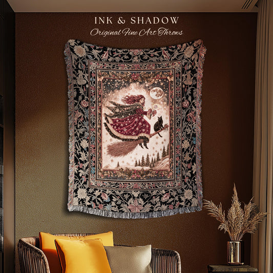 Mystical Black Cat Witch Tapestry | Fairytale Decor Gothic Cottagecore Broomstick Halloween Whimsy Gothic Maximalist Aesthetic Throw Rustic
