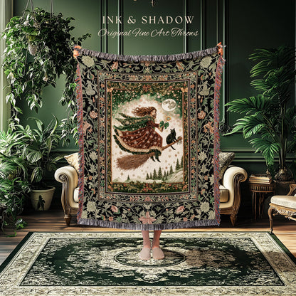 Holiday Witch Black Cat Blanket | Nostalgic Halloween Enchanted Cottagecore Decor Mystic Aesthetic Woven Wall Tapestry Gothic Elegance Throw