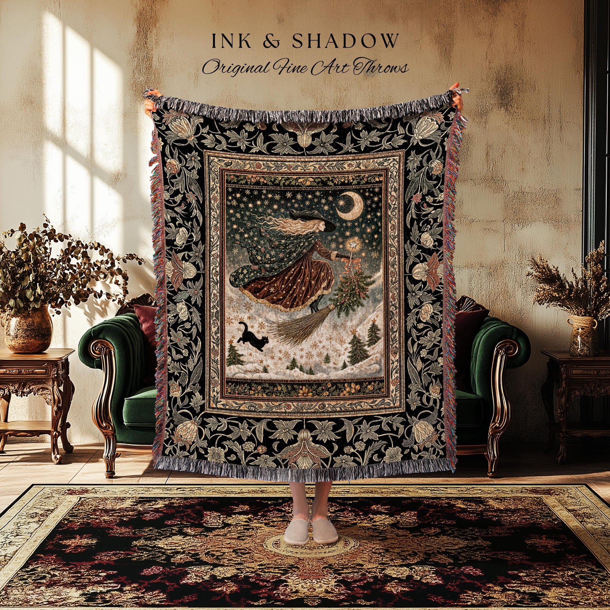 Winter Folklore Witch Tapestry Blanket | Enchanted Cottagecore Decor Mystic Aesthetic Black Cat Gothic Elegance Celestial Storybook Throw |