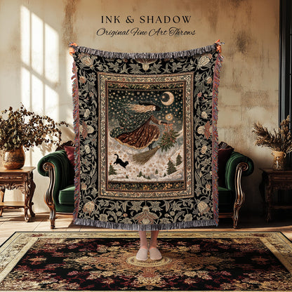 Winter Folklore Witch Tapestry Blanket | Enchanted Cottagecore Decor Mystic Aesthetic Black Cat Gothic Elegance Celestial Storybook Throw |