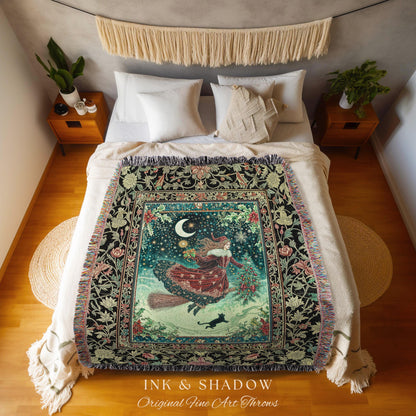 Wonderland Witch Boho Throw Blanket | Mystic Gothic Art Black Cat Folk Magic Broomstick Whimsigoth Cottagecore Woven Tapestry Moon Stars |