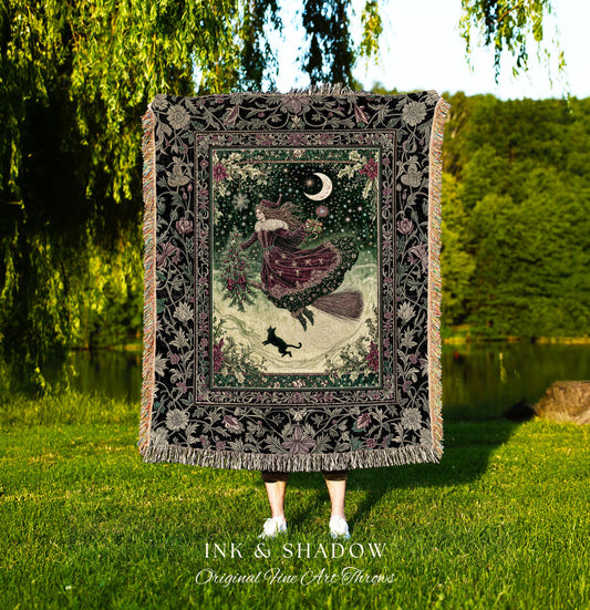 Snowy Magic Celestial Witch Blanket | Gothic Magic Black Cat Woven Tapestry Broomstick Ride Moon Stars Botanical Frame Mystical Folklore Art