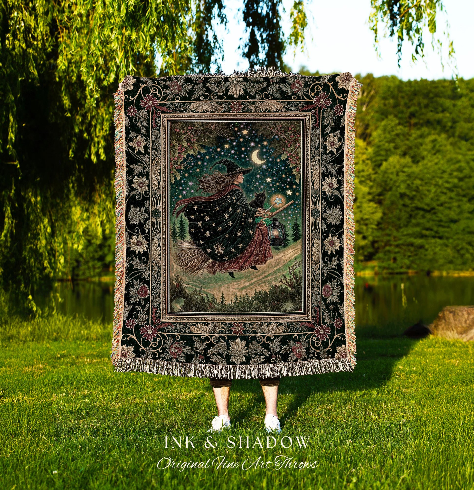 Autumn Witch Starry Celestial Tapestry | Gothic Decor Bewitched Black Cat Magic Cottagecore Style Enchanted Woven Throw Blanket Whimsical |