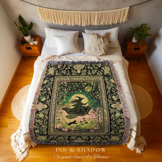 Emerald Sky Flying Witch Throw Blanket | Fall Pumpkin Field Woven Wall Tapestry Whimsigoth Aesthetic Celestial Folk Art Autumn Decor Magic