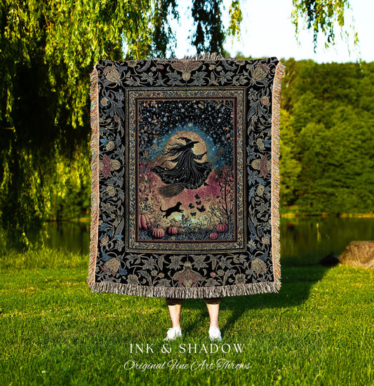 Starlit Storybook Witch Tapestry Blanket | Flying Broomstick Gothic Ethereal Aesthetic Broomstick Magic Celestial Whimsical Decor Enchanted