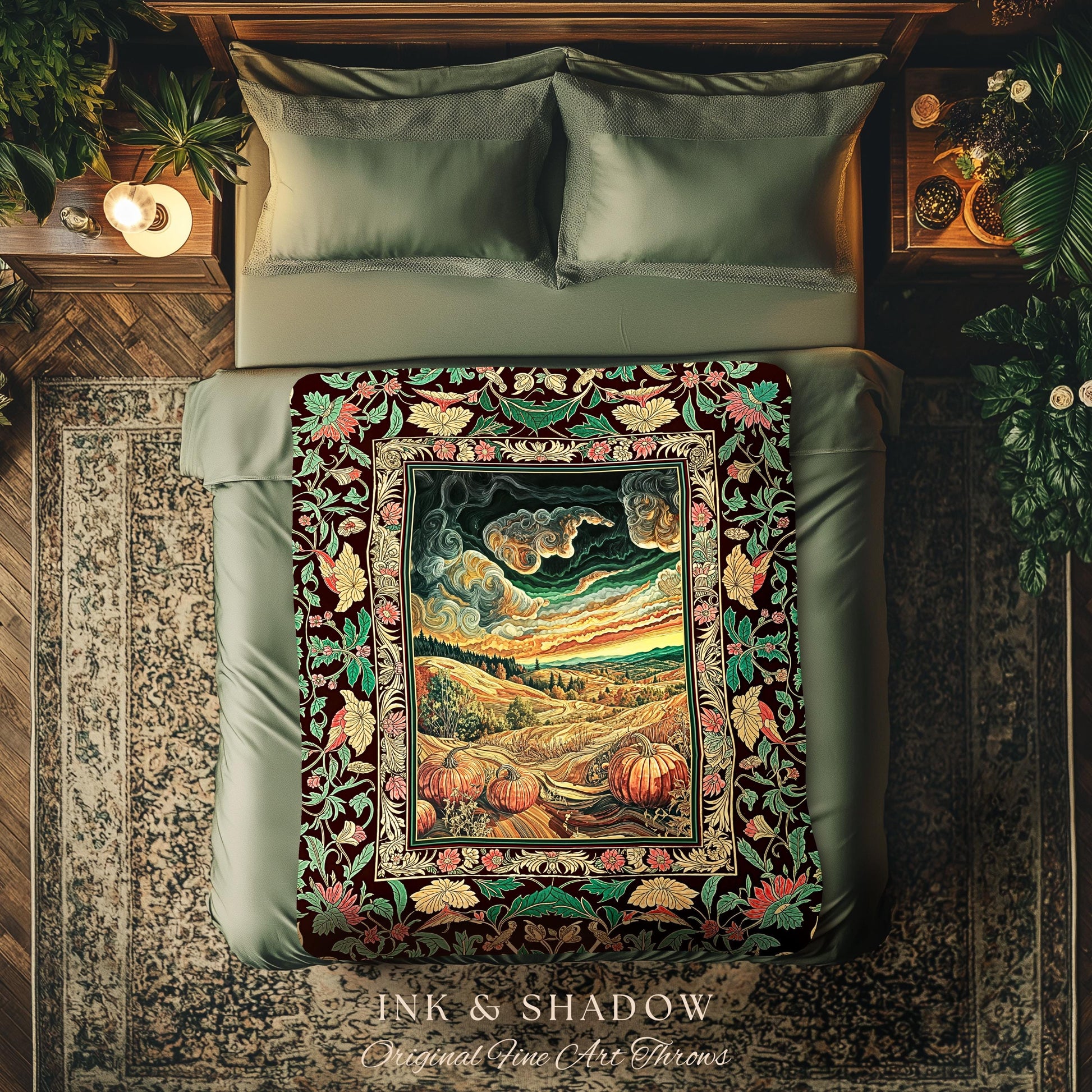 Baroque Autumn Landscape Ornate Tapestry | Whimsigothic Woven Throw Blanket Rustic Pumpkin Patch Decor Dark Academia Spooky Season Vintage |