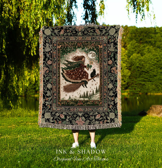 Holiday Witch Black Cat Blanket | Nostalgic Halloween Enchanted Cottagecore Decor Mystic Aesthetic Woven Wall Tapestry Gothic Elegance Throw
