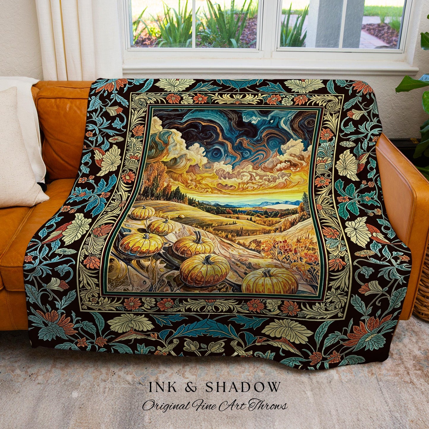 Whimsical Fall Pumpkin Night Sky Throw Blanket | Rustic Halloween Woven Tapestry Whimsigothic Autumn Decor Gothiccore Light Academia Vibes |