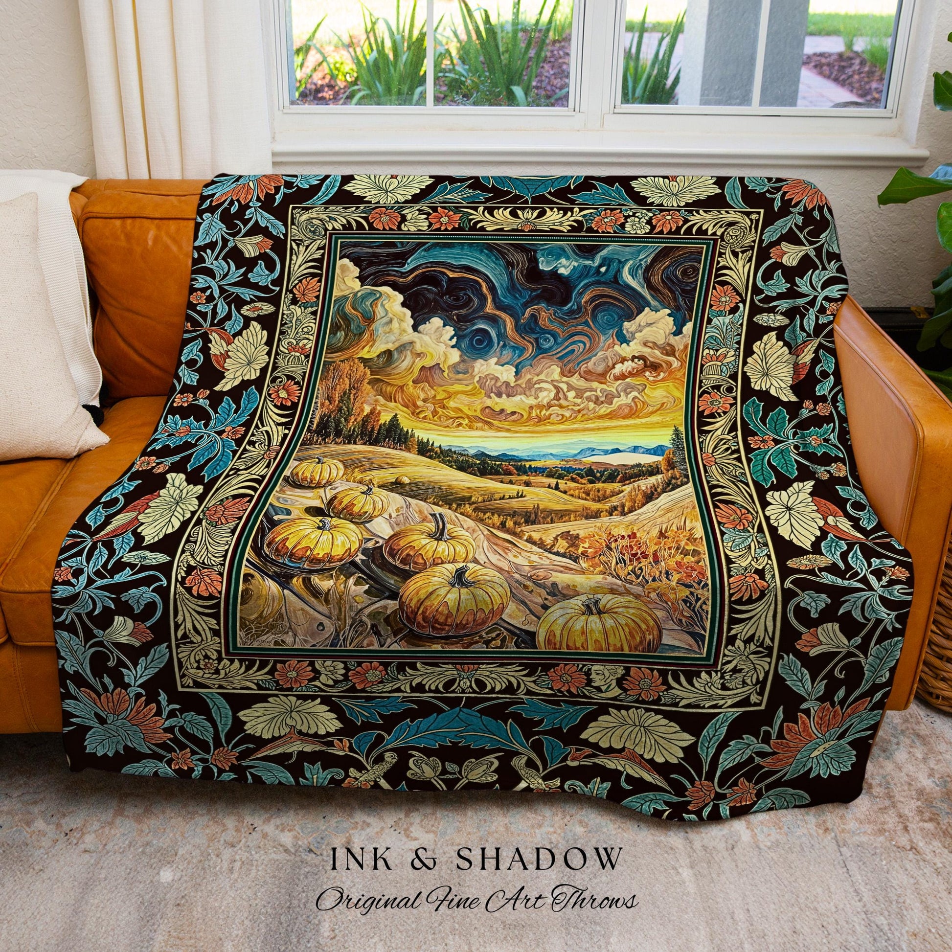 Whimsical Fall Pumpkin Night Sky Throw Blanket | Rustic Halloween Woven Tapestry Whimsigothic Autumn Decor Gothiccore Light Academia Vibes |