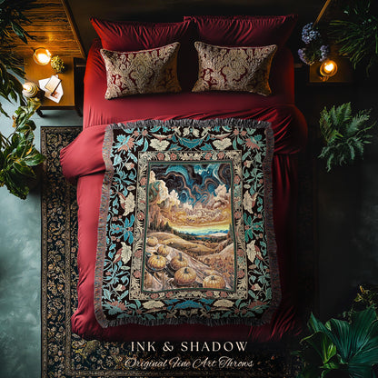 Whimsical Fall Pumpkin Night Sky Throw Blanket | Rustic Halloween Woven Tapestry Whimsigothic Autumn Decor Gothiccore Light Academia Vibes |