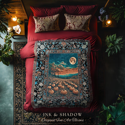 Romantic Fall Aesthetic Full Moon Cozy Throw Blanket | Rustic Pumpkin Decor Whimsigoth Spooky Academia Vibes Retro Halloween Woven Tapestry
