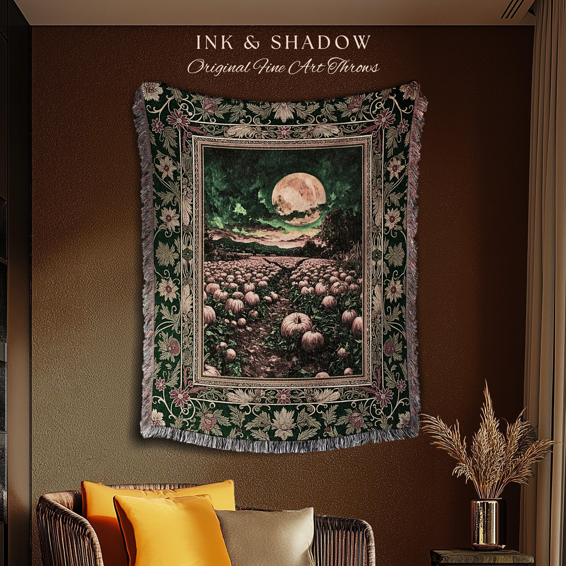 Emerald Night Sky Spooky Throw Blanket | Whimsigoth Witchy Halloween Rustic Cozy Autumn Decor Full Harvest Moon Woven Wall Tapestry Ornate |