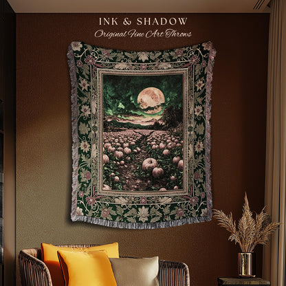 Emerald Night Sky Spooky Throw Blanket | Whimsigoth Witchy Halloween Rustic Cozy Autumn Decor Full Harvest Moon Woven Wall Tapestry Ornate |