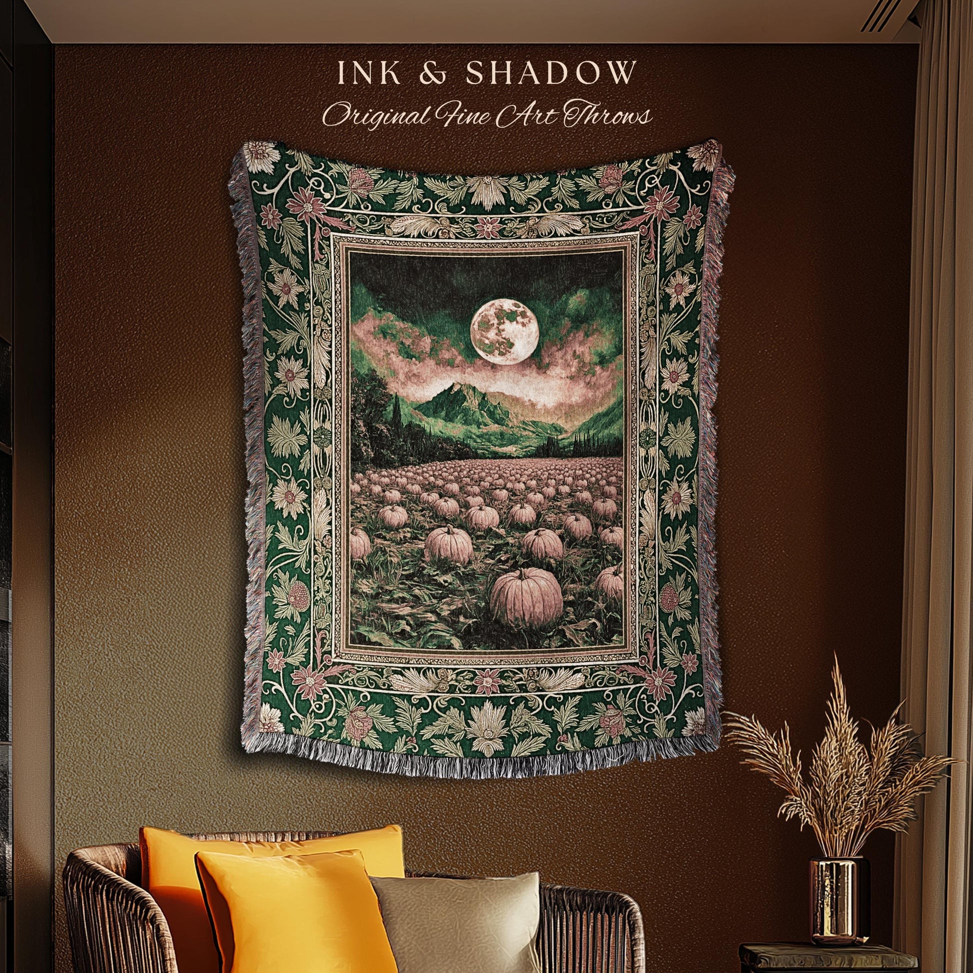 Magic Aesthetic Full Moon Woven Throw | Whimsical Autumn Aesthetic Crowcore Pumpkin Tapestry Rustic Halloween Fall Gothic Witchy Academia