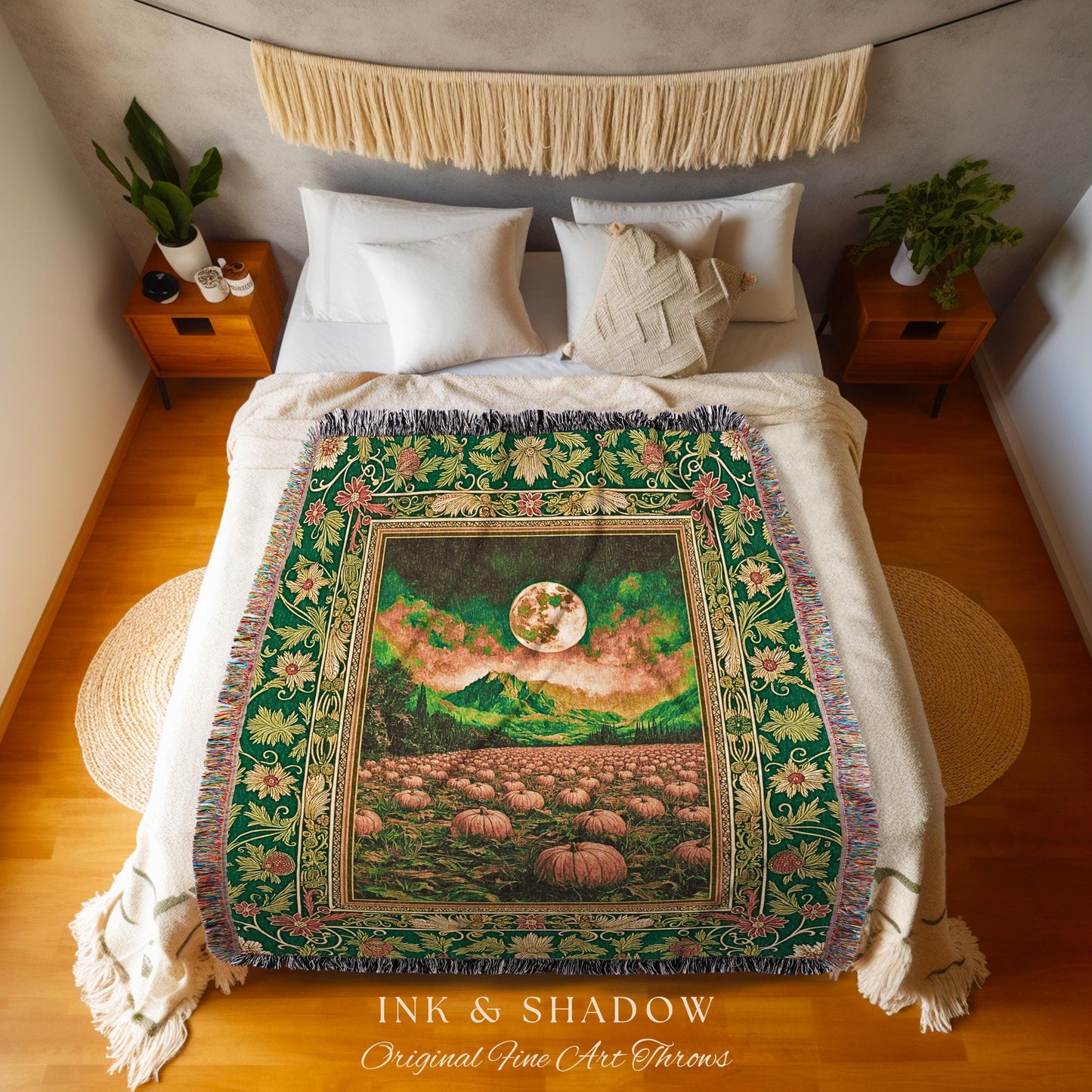 Magic Aesthetic Full Moon Woven Throw | Whimsical Autumn Aesthetic Crowcore Pumpkin Tapestry Rustic Halloween Fall Gothic Witchy Academia