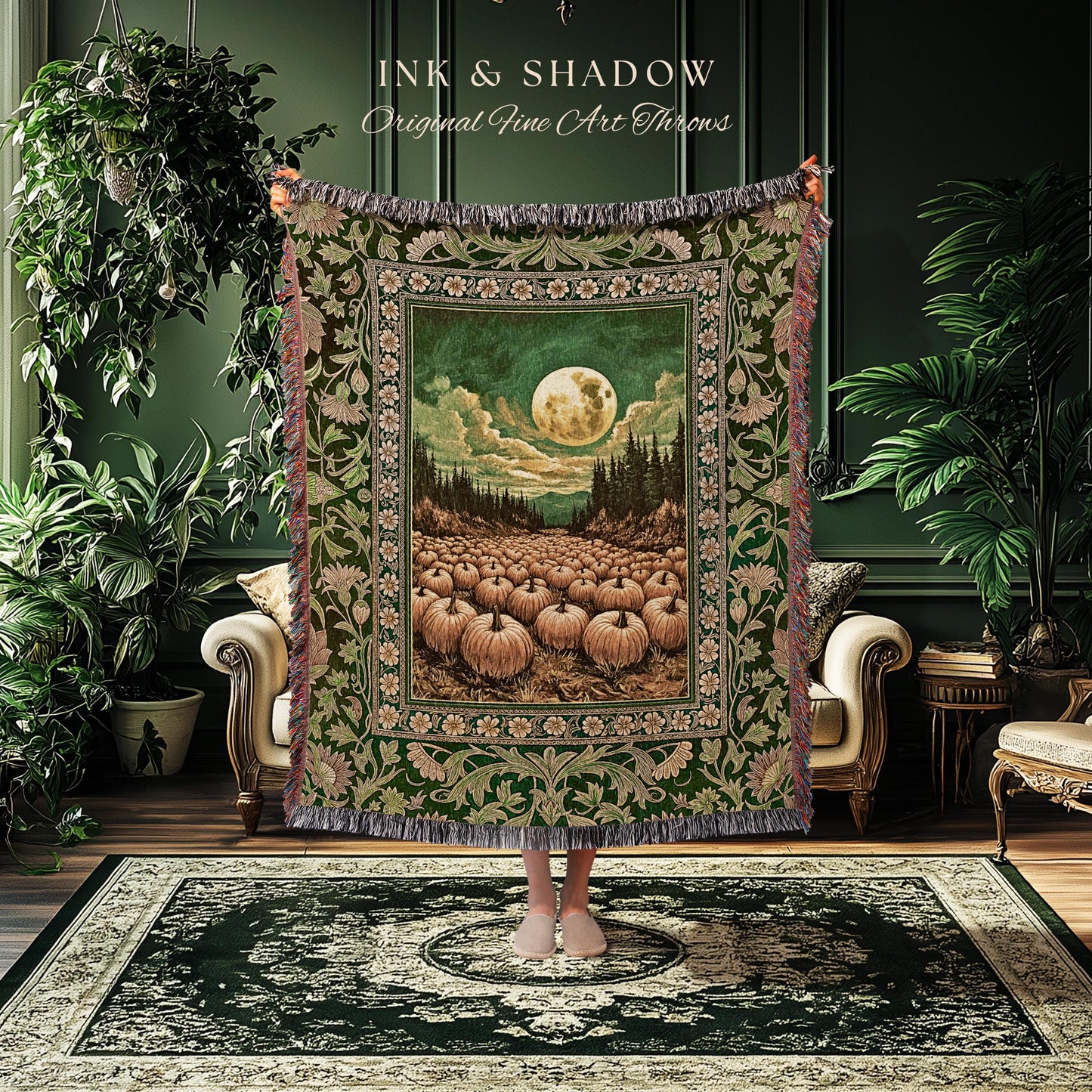 Bohemian Pumpkin Patch Fall Blanket | Whimsigoth Rustic Halloween Woven Wall Tapestry Gothic Academia Autumn Night Spooky Aesthetic Decor |