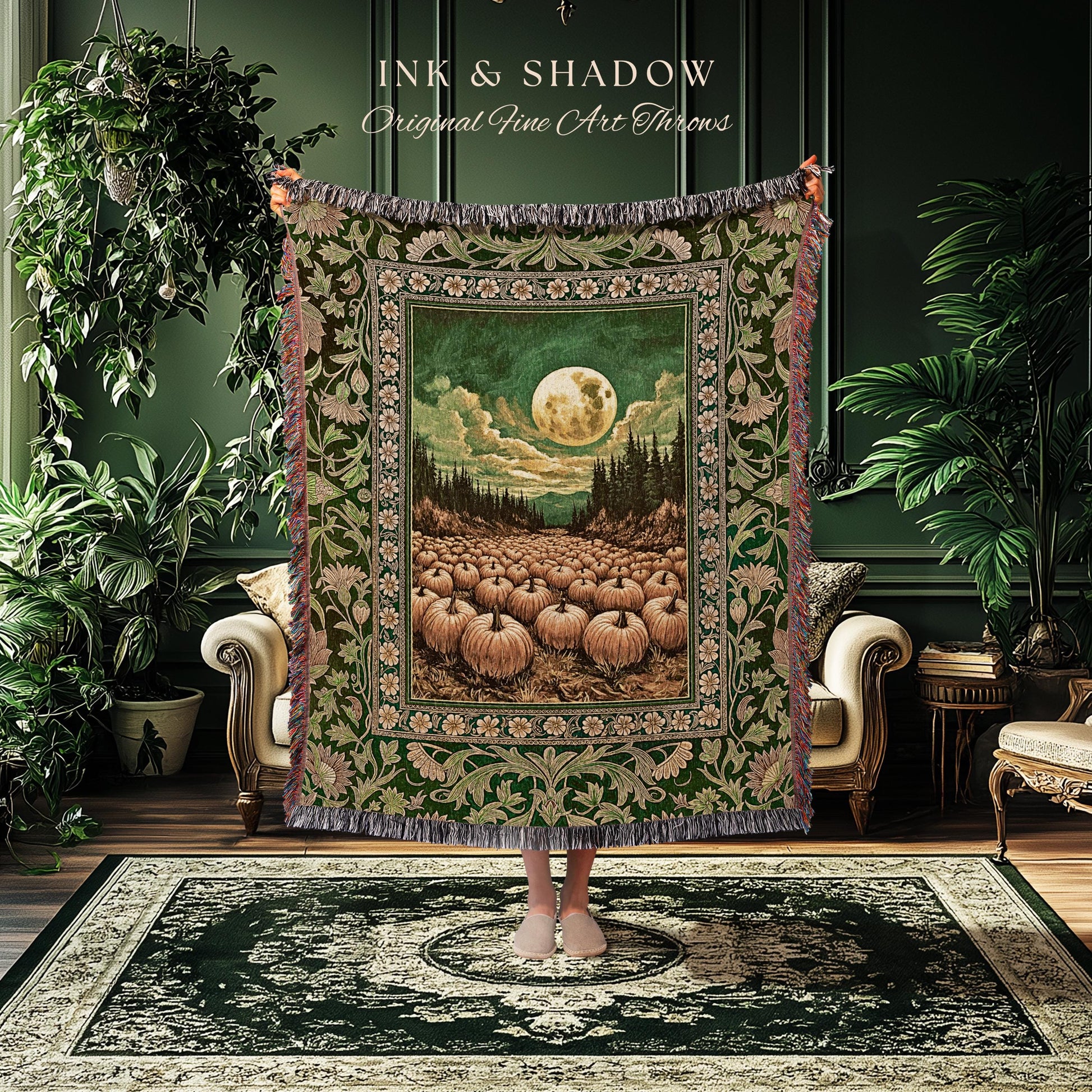 Bohemian Pumpkin Patch Fall Blanket | Whimsigoth Rustic Halloween Woven Wall Tapestry Gothic Academia Autumn Night Spooky Aesthetic Decor |