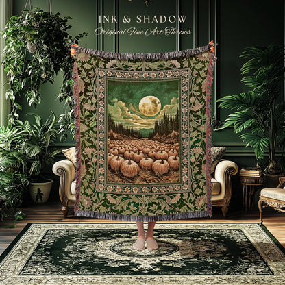 Bohemian Pumpkin Patch Fall Blanket | Whimsigoth Rustic Halloween Woven Wall Tapestry Gothic Academia Autumn Night Spooky Aesthetic Decor |