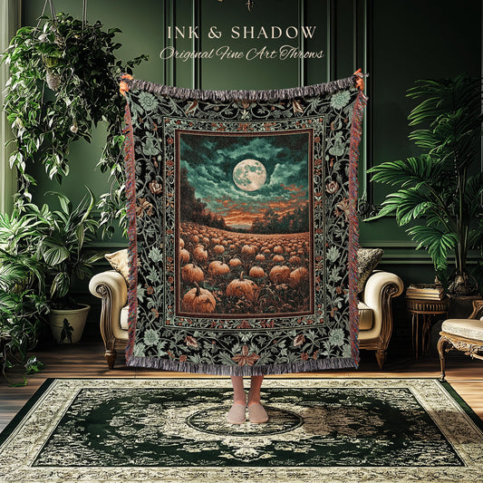 Retro Halloween Harvest Blanket | Full Moon Gothic Woven Wall Tapestry Whimsigoth Cozy Autumn Vibes Pumpkin Halloween Rustic Decor Witchy |
