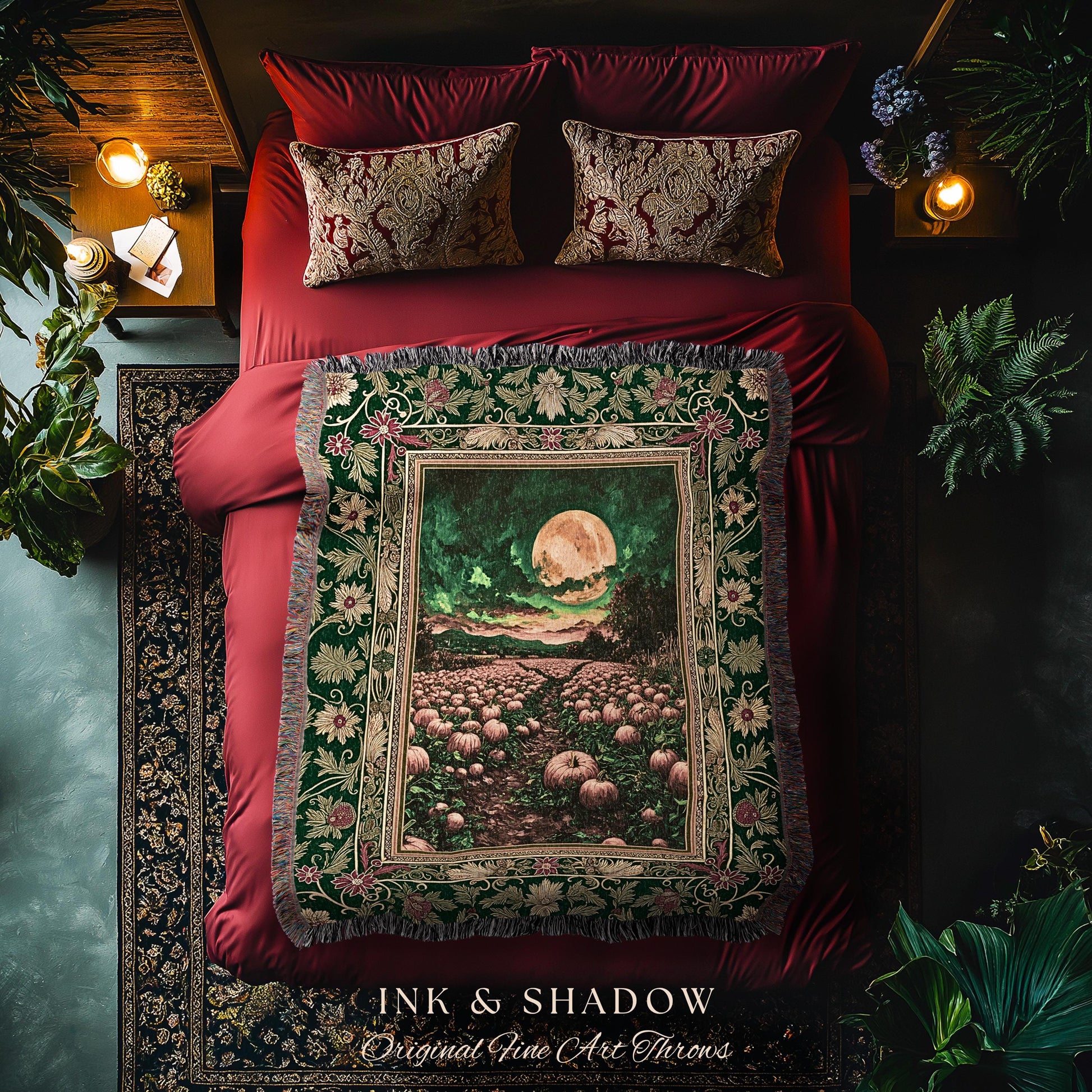 Emerald Night Sky Spooky Throw Blanket | Whimsigoth Witchy Halloween Rustic Cozy Autumn Decor Full Harvest Moon Woven Wall Tapestry Ornate |