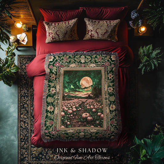 Emerald Night Sky Spooky Throw Blanket | Whimsigoth Witchy Halloween Rustic Cozy Autumn Decor Full Harvest Moon Woven Wall Tapestry Ornate |