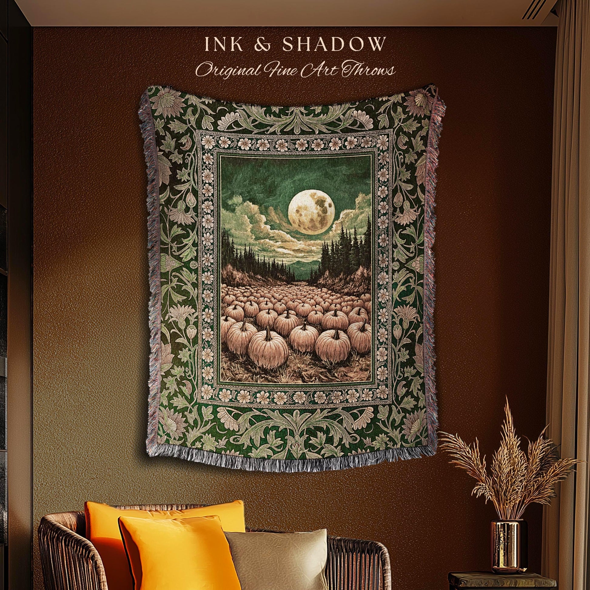 Bohemian Pumpkin Patch Fall Blanket | Whimsigoth Rustic Halloween Woven Wall Tapestry Gothic Academia Autumn Night Spooky Aesthetic Decor |