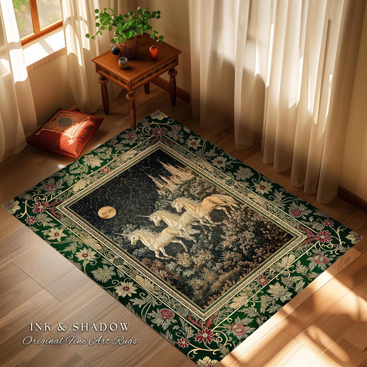 May include: A green tapestry rug with a floral border and a central image of three white unicorns running through a forest under a full moon. The text &#39;INK & SHADOW Original Fine Art Rugs&#39; is at the bottom of the rug.