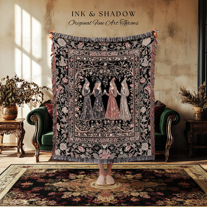 Enchanted Maidens Rustic Woven Tapestry | Mystical Folklore Floral Gothic Art Nouveau Throw Blanket Ethereal Coven Magic Dark Boho Aesthetic