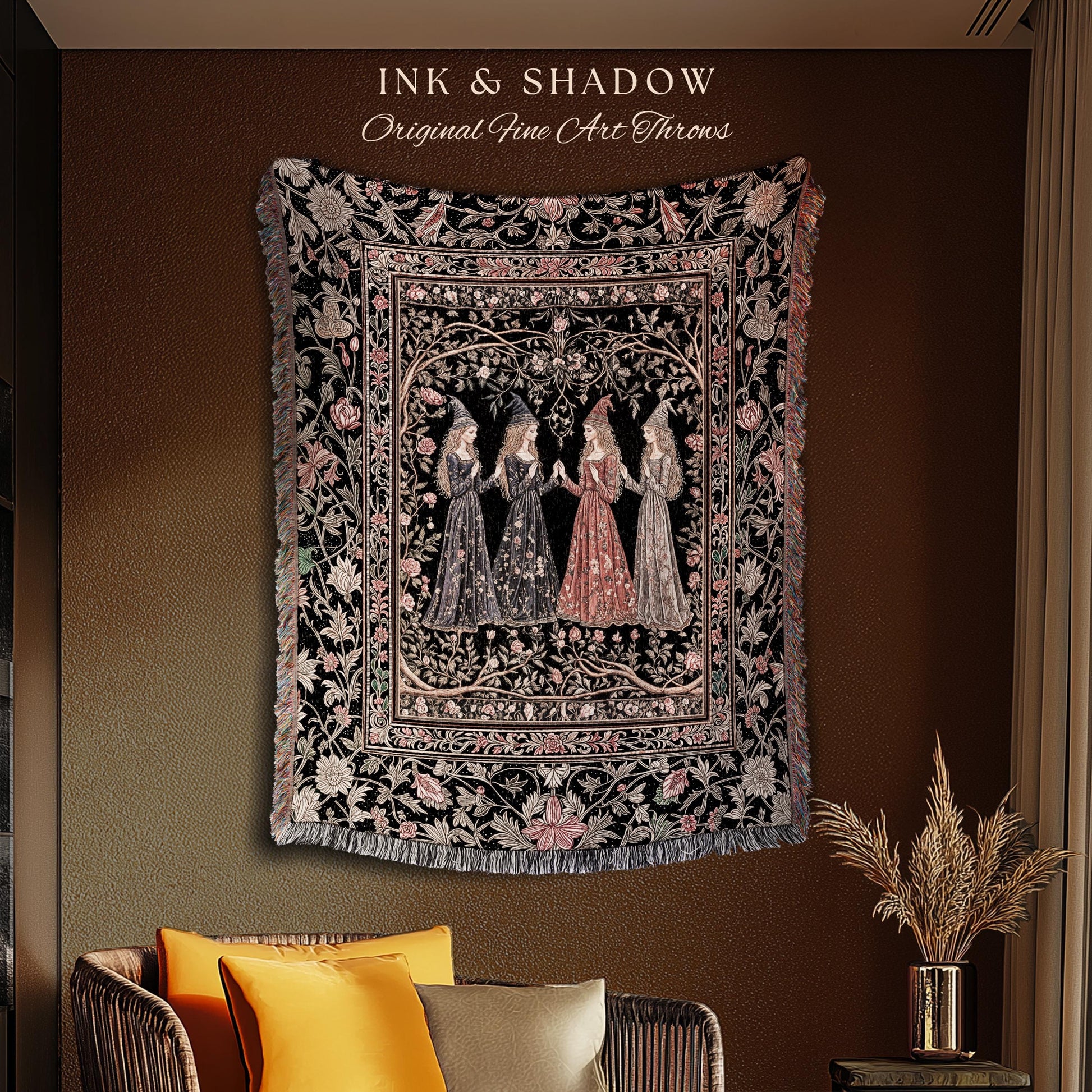 Enchanted Maidens Rustic Woven Tapestry | Mystical Folklore Floral Gothic Art Nouveau Throw Blanket Ethereal Coven Magic Dark Boho Aesthetic