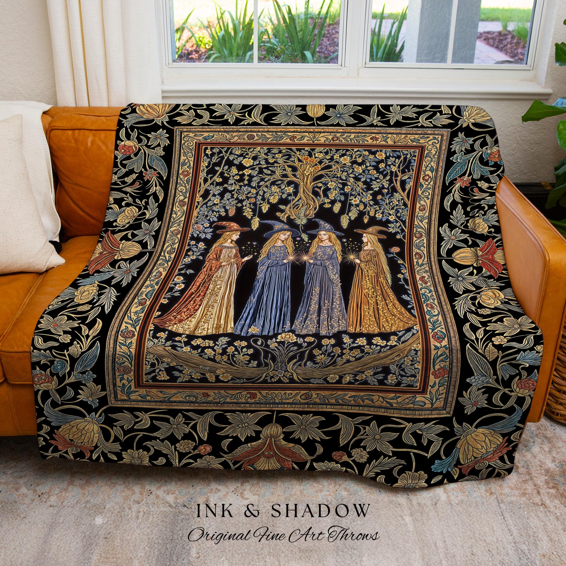 Celestial Witches Gothic Woven Wall Tapestry | Dreamy Maiden Forest Enchantment Floral Magic Coven Throw Blanket Folk Tale Sisterhood Art |