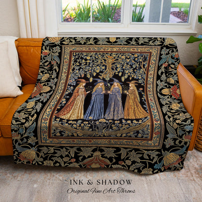 Celestial Witches Gothic Woven Wall Tapestry | Dreamy Maiden Forest Enchantment Floral Magic Coven Throw Blanket Folk Tale Sisterhood Art |