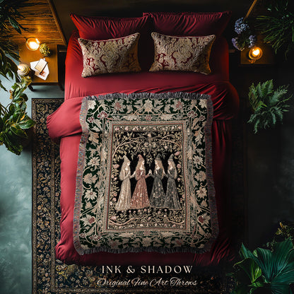 Mystical Sisterhood Floral Throw Blanket | Witchy Aesthetic Baroque Forest Whimsigoth Fantasy Ethereal Woven Wall Tapestry Dark Academia Art