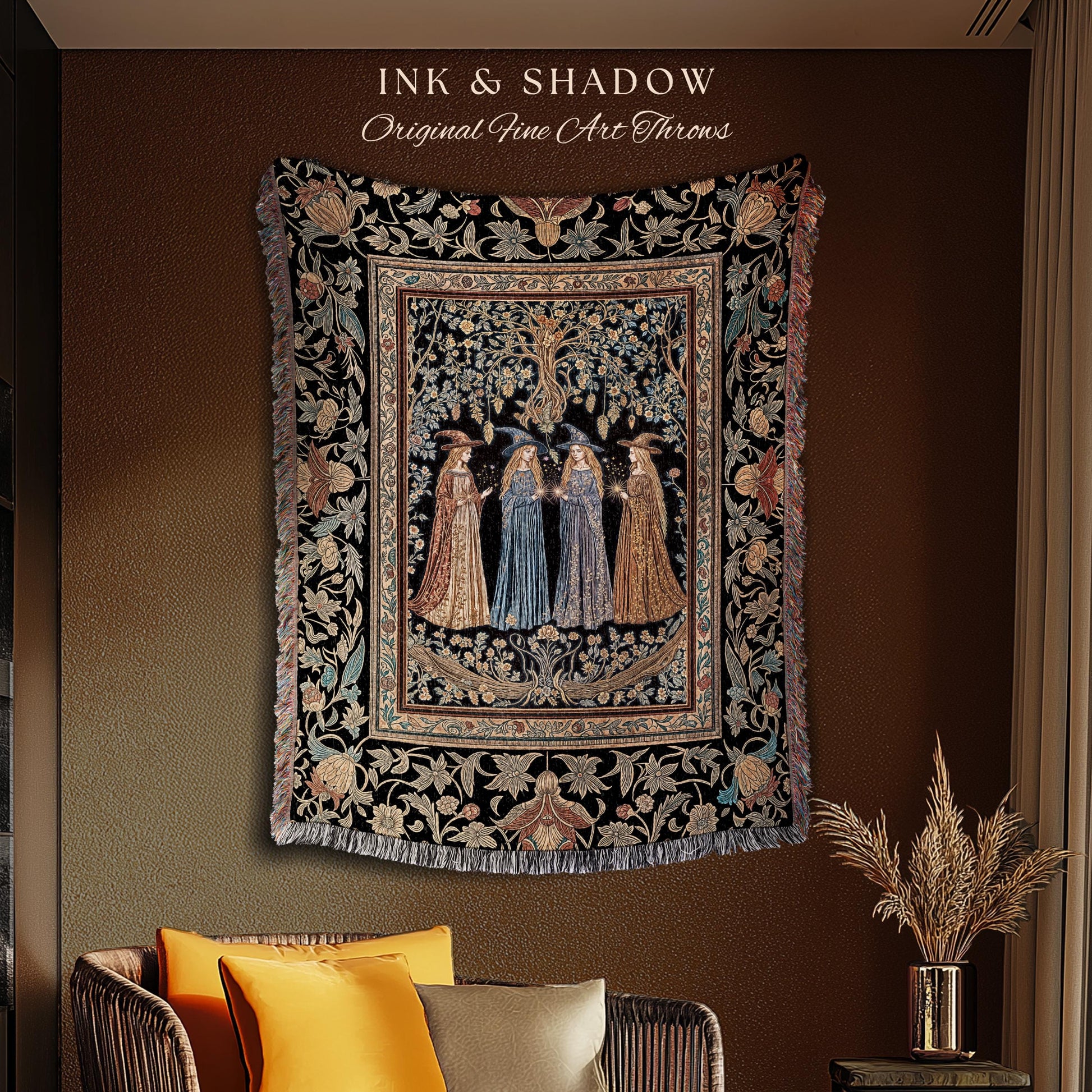 Celestial Witches Gothic Woven Wall Tapestry | Dreamy Maiden Forest Enchantment Floral Magic Coven Throw Blanket Folk Tale Sisterhood Art |