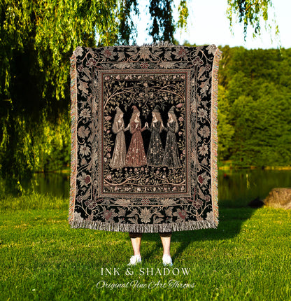 Mystical Sisterhood Floral Throw Blanket | Witchy Aesthetic Baroque Forest Whimsigoth Fantasy Ethereal Woven Wall Tapestry Dark Academia Art