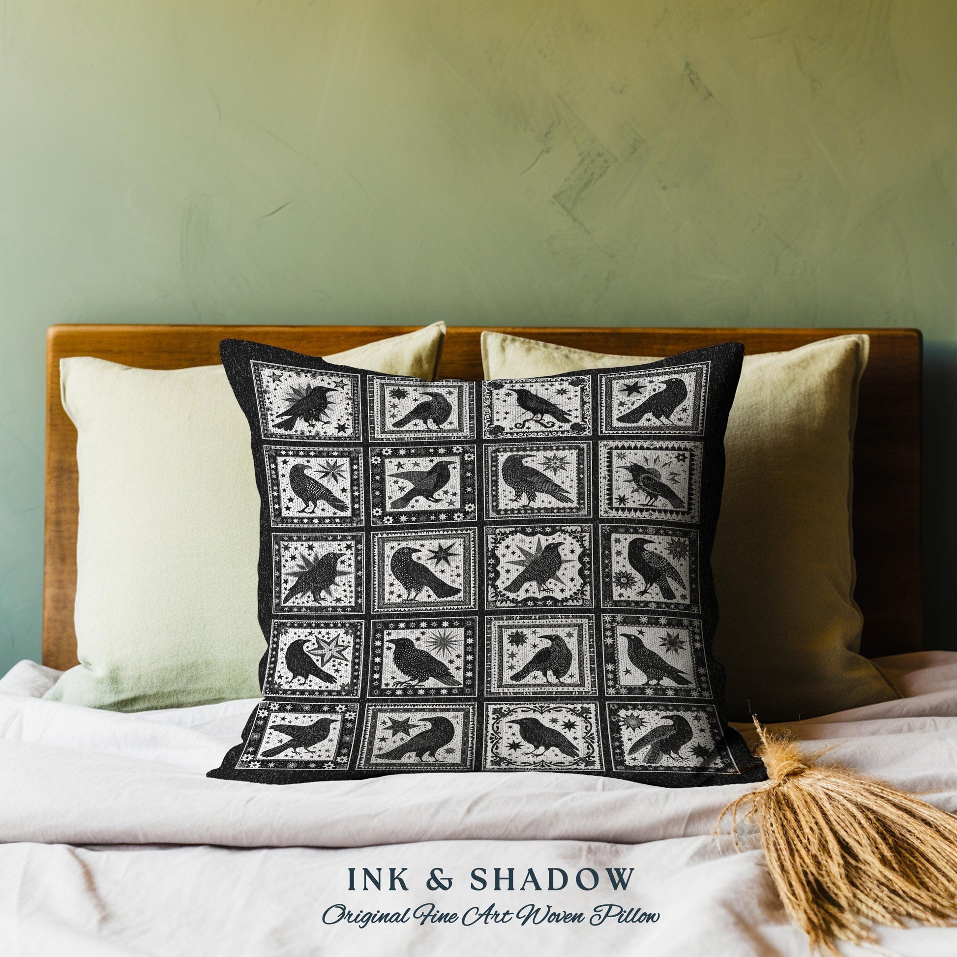 May include: Black and white woven pillow with a repeating pattern of crows and stars. The pillow is on a bed with white bedding and a wooden headboard. The text 'INK & SHADOW Original Fine Art Woven Pillow' is below the pillow.