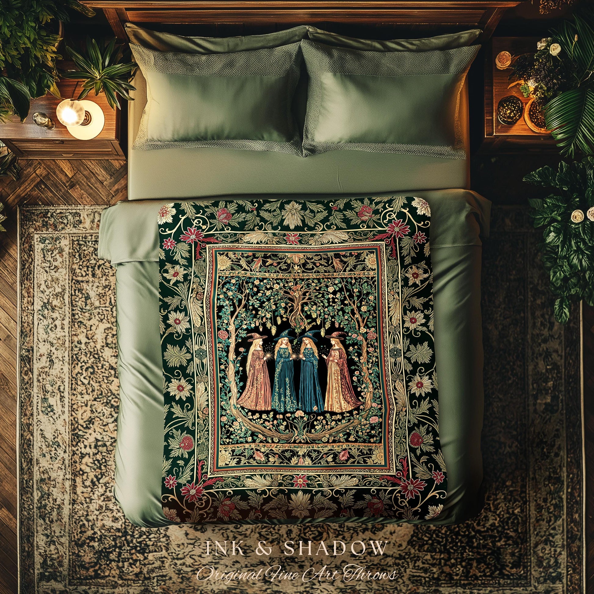 Arcane Witches Gothic Floral Tapestry Blanket | Baroque Folk Art Magic Renaissance Ethereal Dreamy Enchanting Throw Mystic Coven Aesthetic |