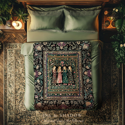 Victorian Witch Sisters Throw Blanket | Enchanted Folklore Gothic Floral Forest Tapestry Celestial Art Nouveau Magic Aesthetic Whimsical |