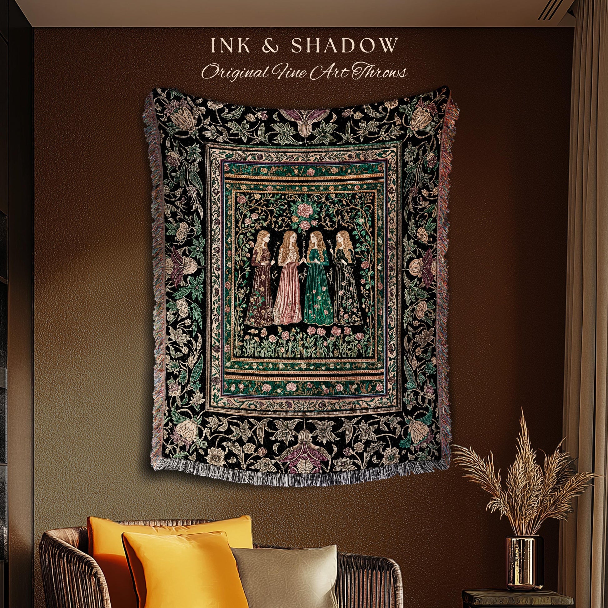 Victorian Witch Sisters Throw Blanket | Enchanted Folklore Gothic Floral Forest Tapestry Celestial Art Nouveau Magic Aesthetic Whimsical |