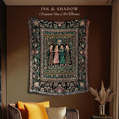 Victorian Witch Sisters Throw Blanket | Enchanted Folklore Gothic Floral Forest Tapestry Celestial Art Nouveau Magic Aesthetic Whimsical |