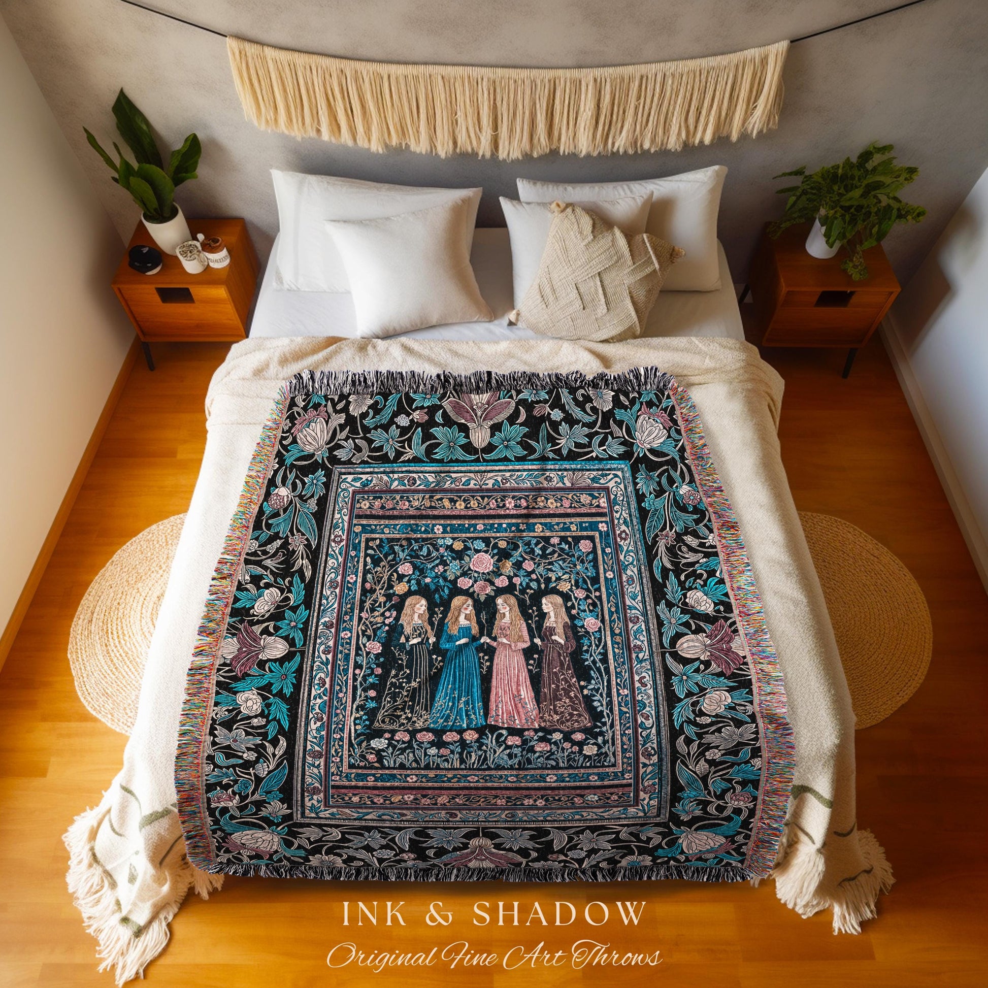 Victorian Gothic Maiden Witches Woven Blanket | Arcane Witchcraft Celestial Baroque Ethereal Folklore Wall Tapestry Romantic Floral Style |
